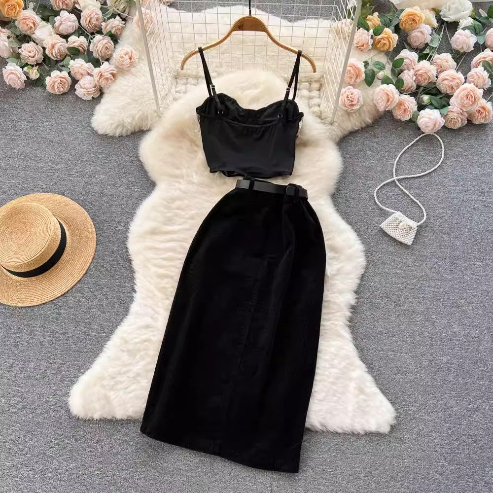 elegant women's mesh lace strap tube top + corduroy skirt two-piece set     S4545