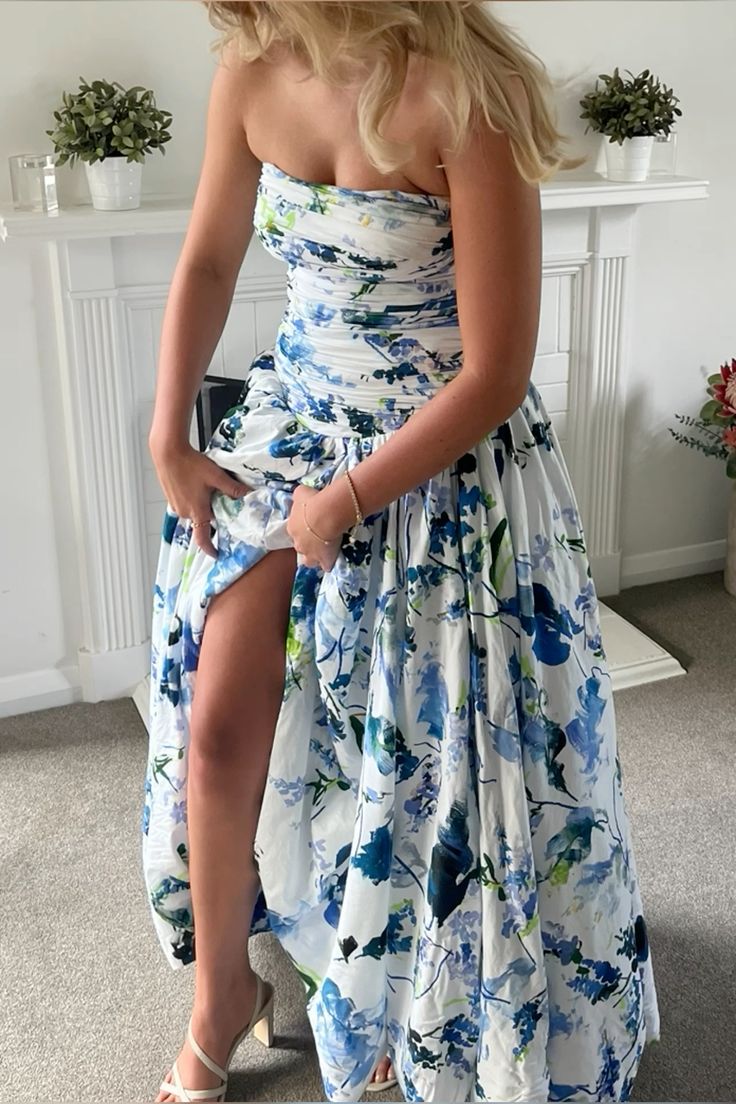 Blue Printed A-Line Strapless Long Prom Dress        S5300