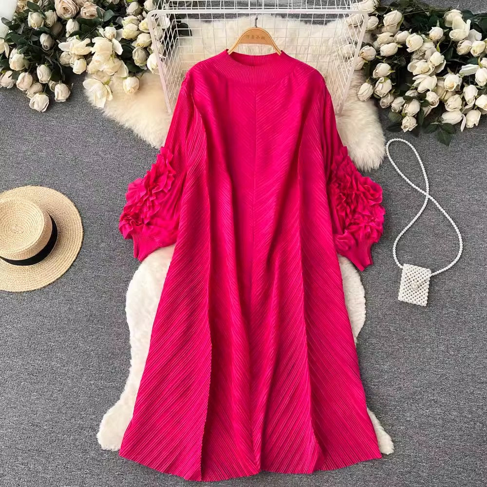 ruffled puff sleeve mid-length dress for women      S4578