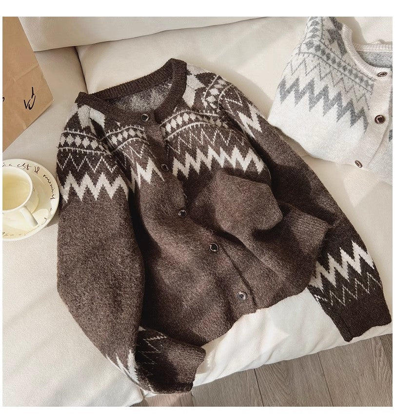 Designed round neck sweater jacket for women jacquard long-sleeved cardigan top trendy      S4888