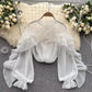 Designed irregular ruffled mesh shirt for women pleated chic top trendy    S4498