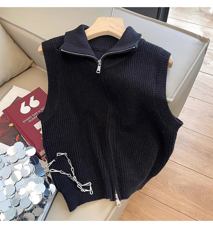 Retro stand-up collar knitted vest for women new design simple zipper sweater vest trendy      S5006