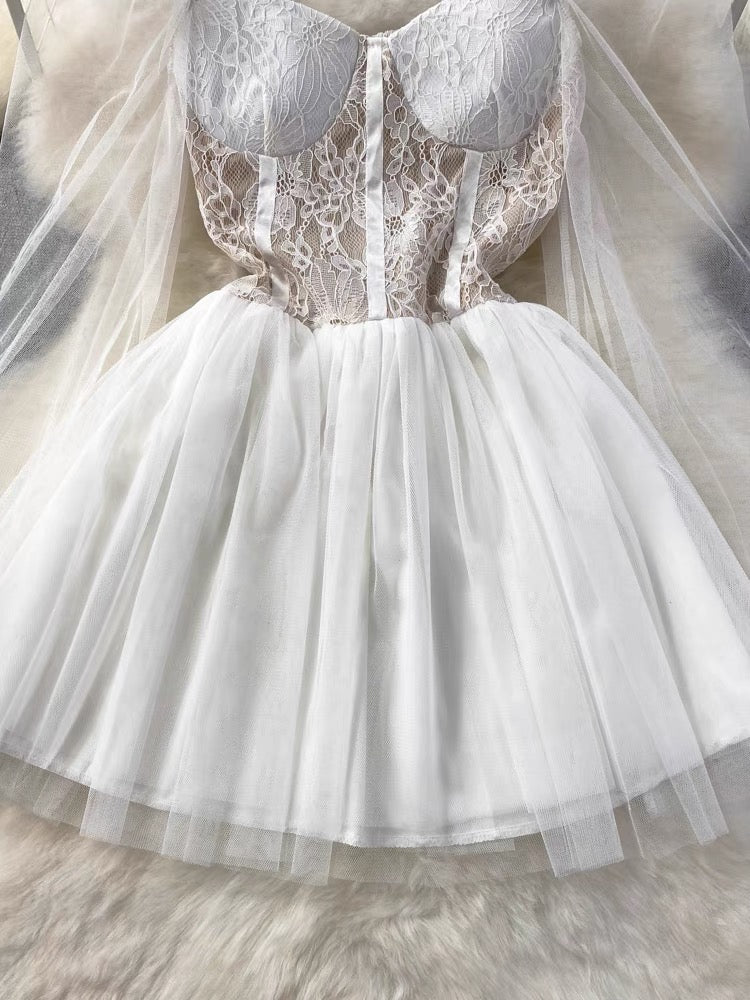 white Dress,long Sleeve Tulle Dress       S4402