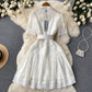 Lace Puff Sleeves Stitching Lace A-line Dress With Belt      S4472