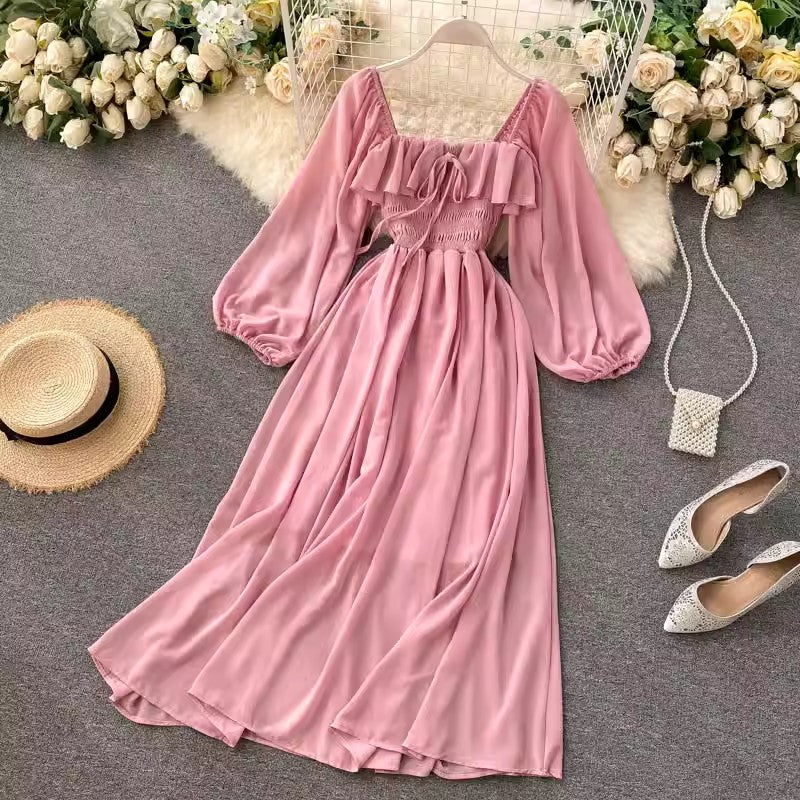 Chic Style Dress New Women's Square Neck Puff Sleeve Chiffon Skirt      S4597