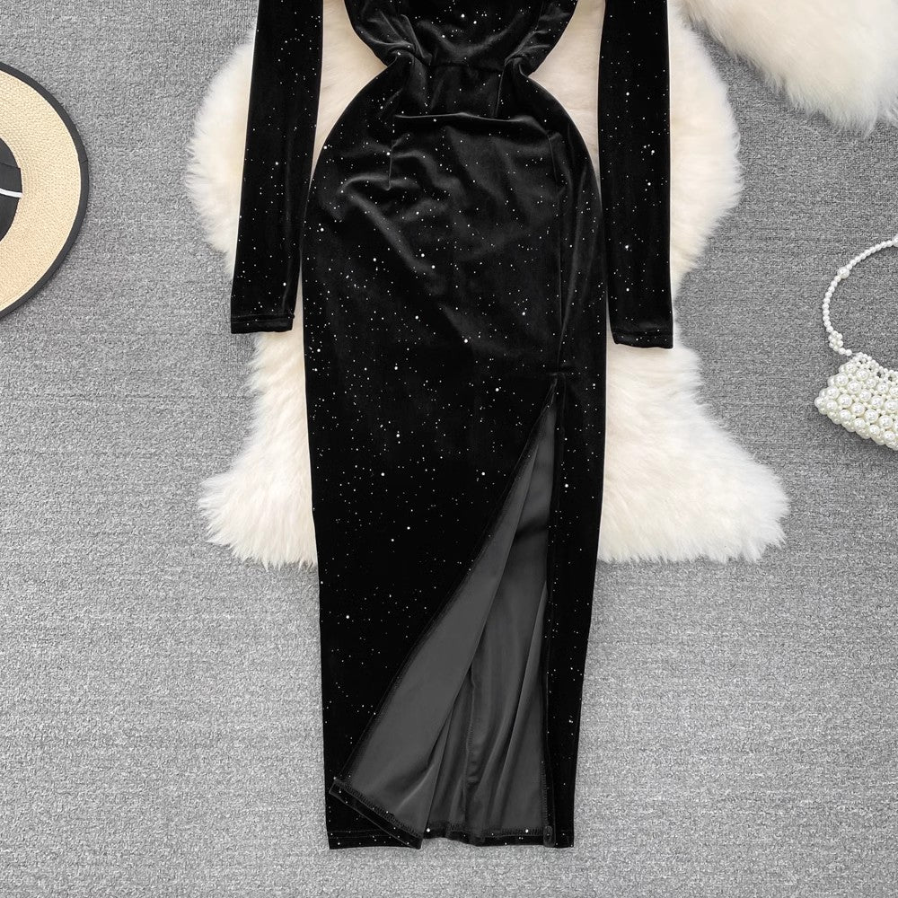 square neck velvet dress sexy high slit sparkling dress long skirt      S4139