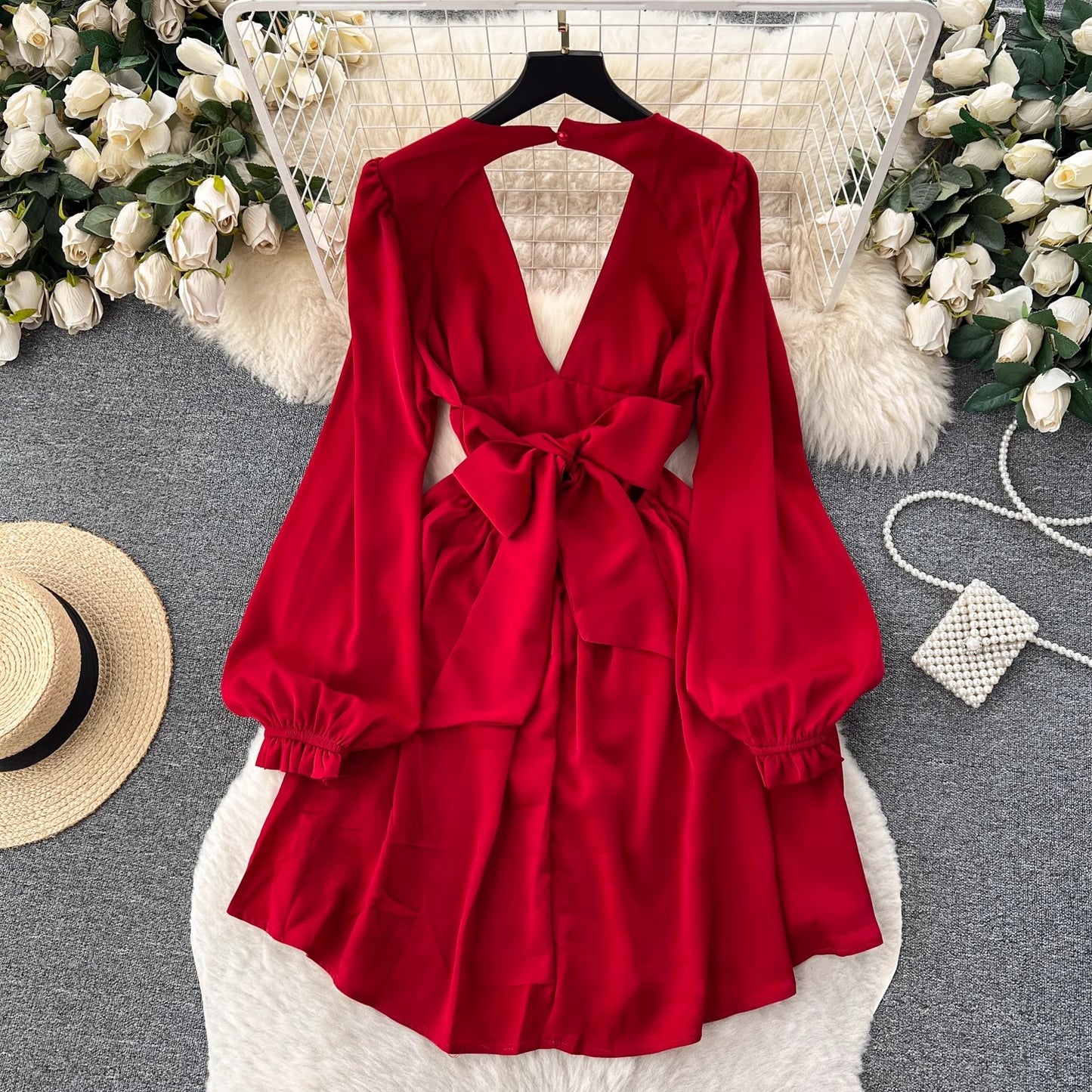 hot girl deep V-neck backless puff-sleeve dress for women party dress      S4588