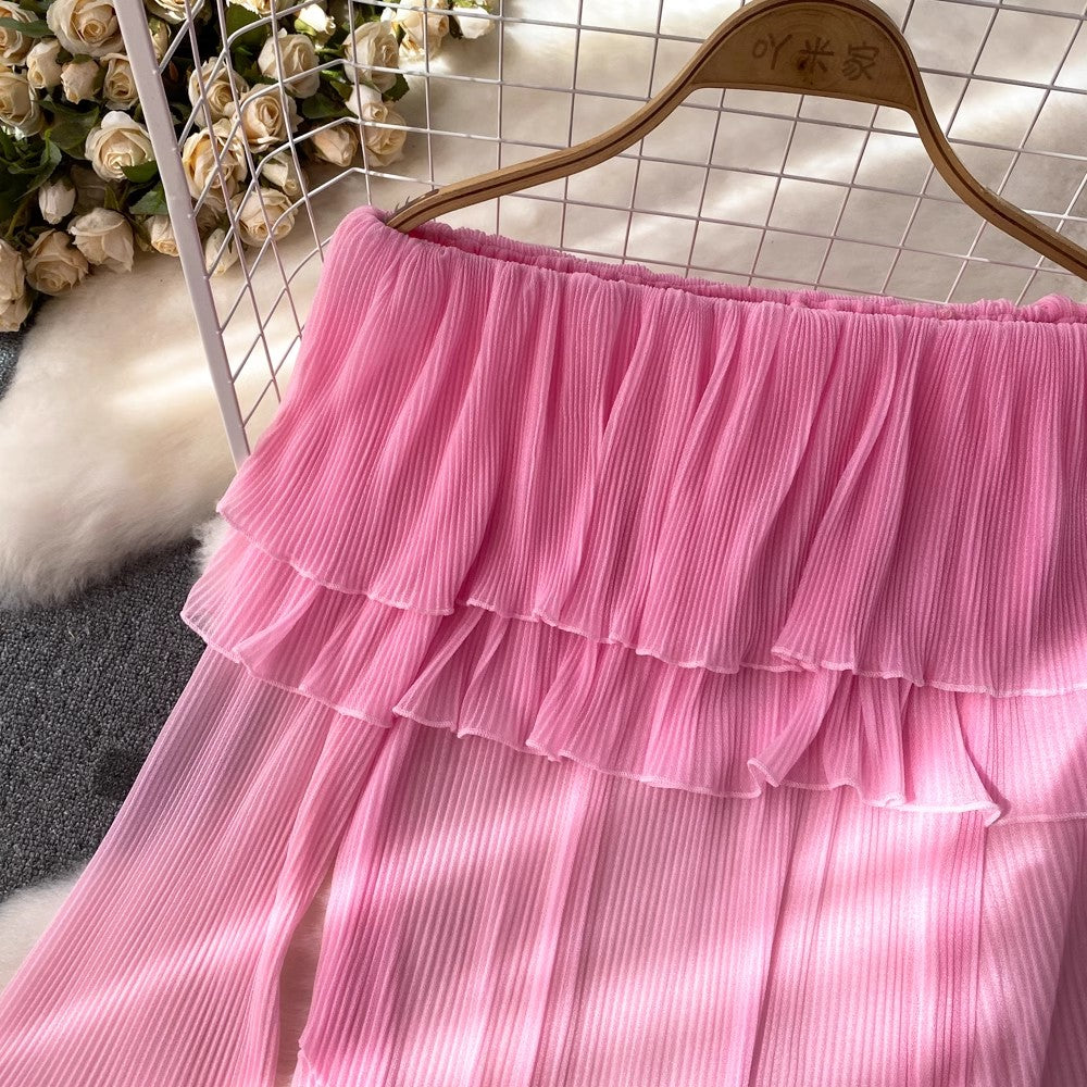 Fashionable design puff long-sleeved off-shoulder ruffle pleated chiffon women's casual top     S4210