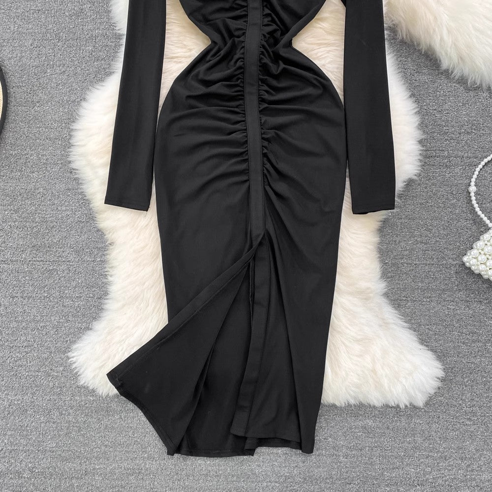 polo collar long-sleeved chic pleated mid-length slit dress    S4327