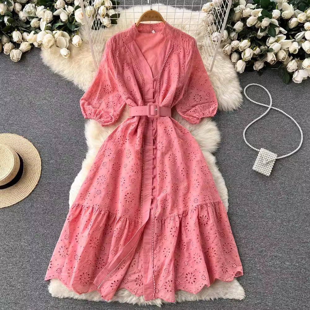 V-neck dress women's puff sleeves ruffle long skirt   S4560