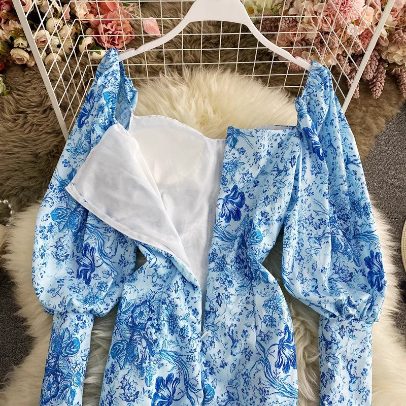 blue and white printed square sexy lantern sleeve dress      S4337