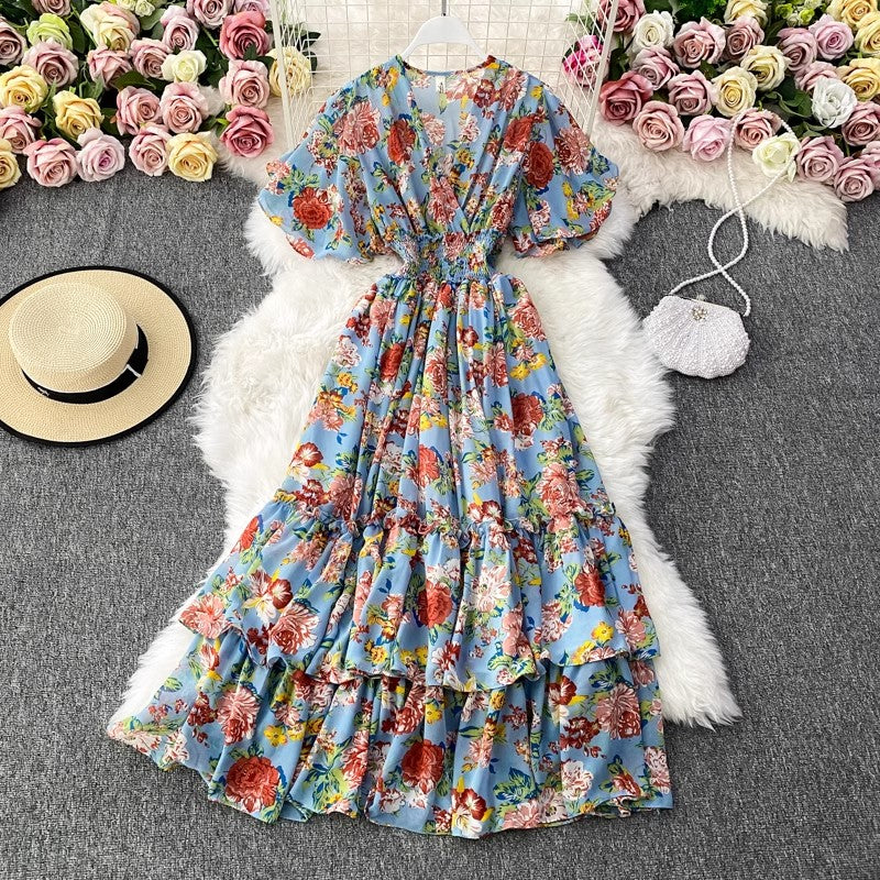 V-neck floral dress bohemian long skirt       S4179