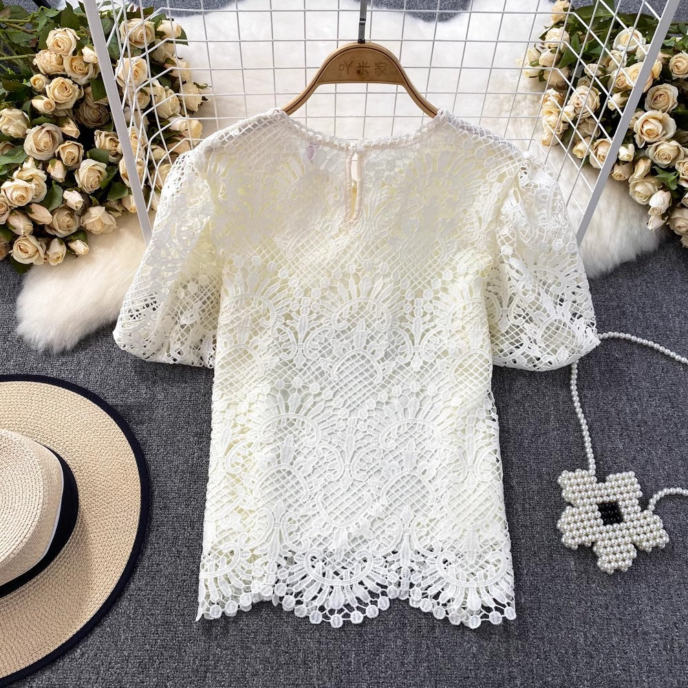 Bubble Short-Sleeved Round Neck Women’s Lace Top       S3991