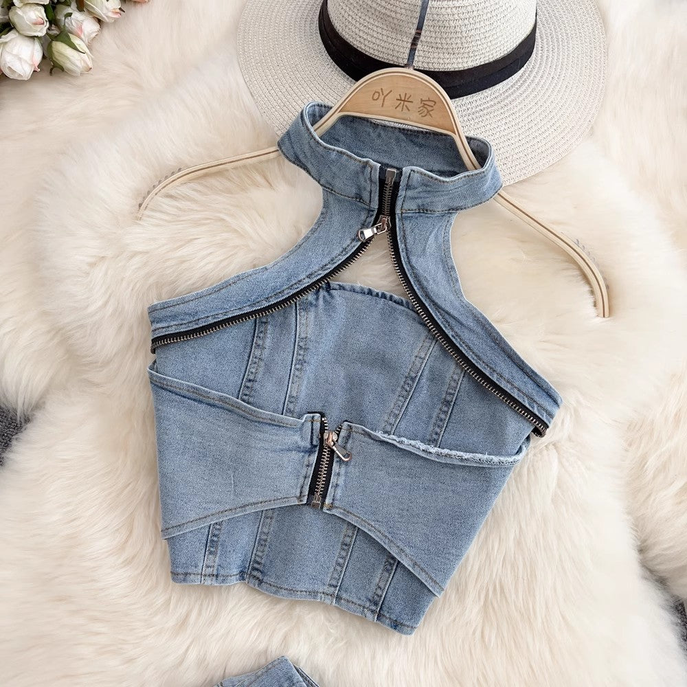 Hot girl fashion suit women's halter neck backless short denim top two-piece set      S4003