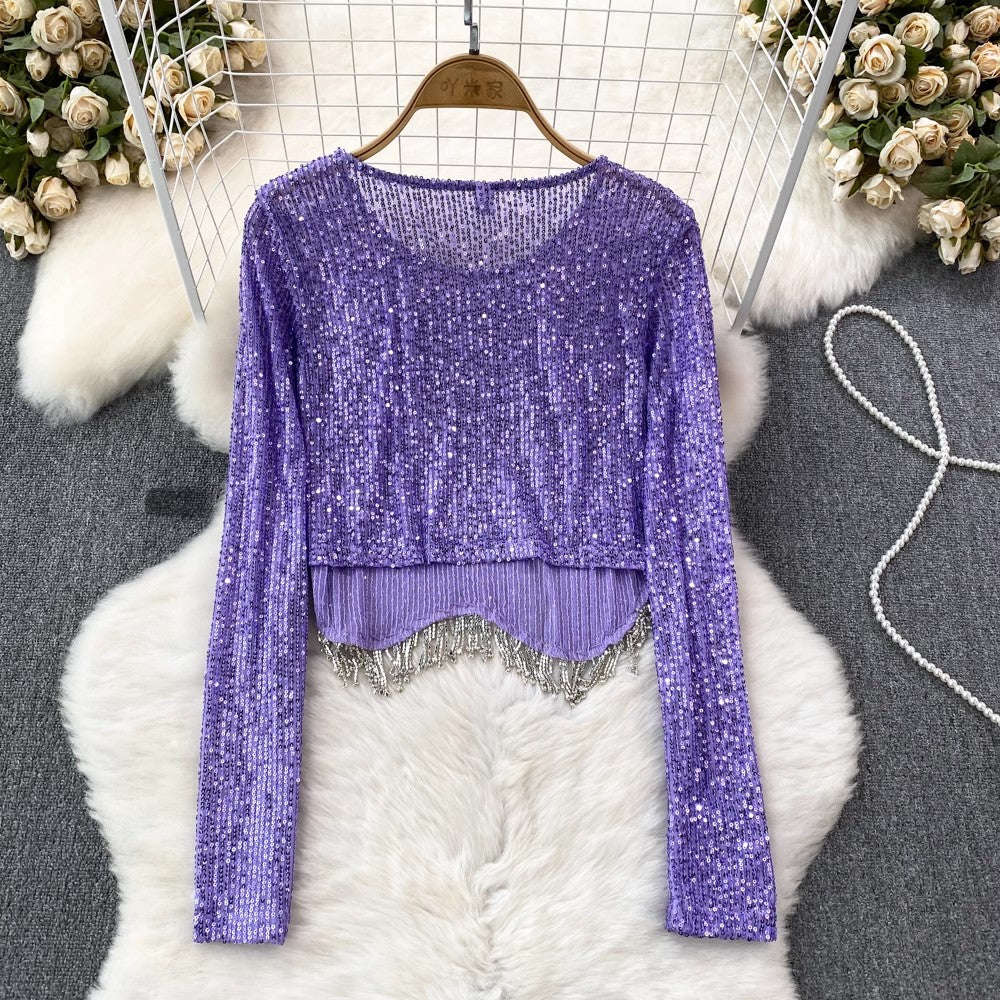 Fashionable sexy long-sleeved round neck sequins tassel T-shirt women's fashionable short top        S4217