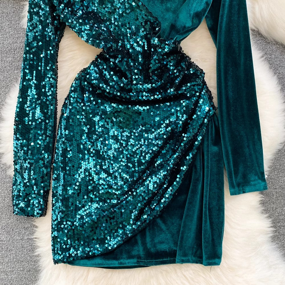 V-neck sparkling sequin velvet dress for women       S4313