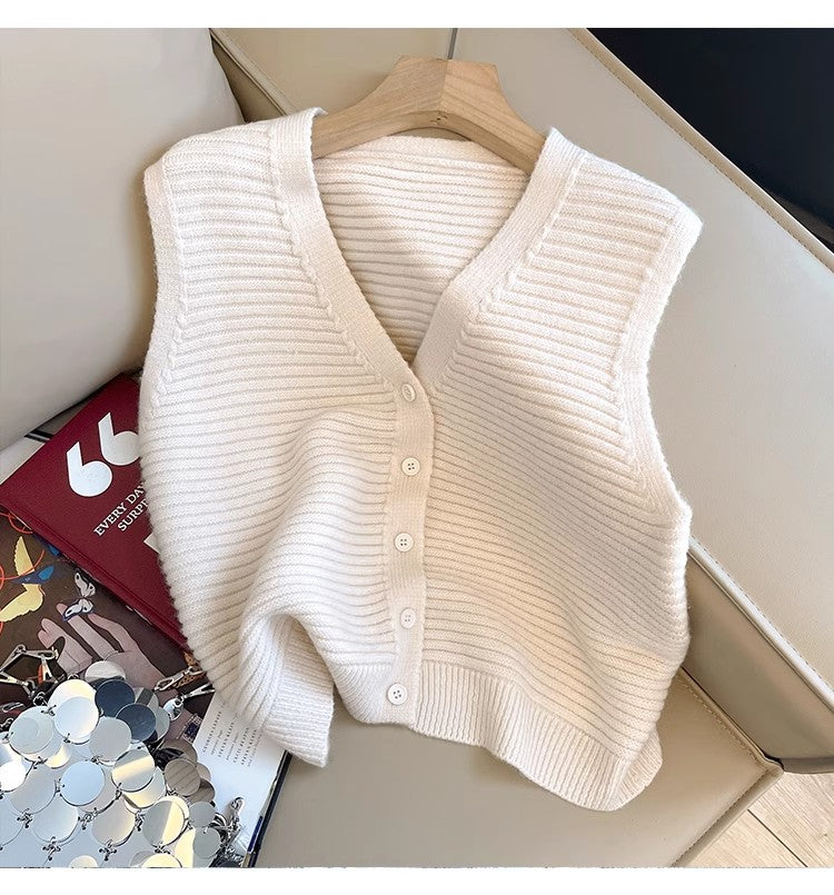 Solid color retro V-neck sleeveless knitted vest for women sleeveless top     S5022