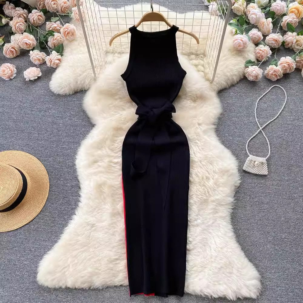 Long Round Neck Sleeveless Dress Tight Knitted Skirt     S4599