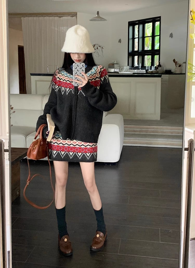 jacquard round neck long-sleeved sweater jacket + knitted skirt two-piece set     S4746