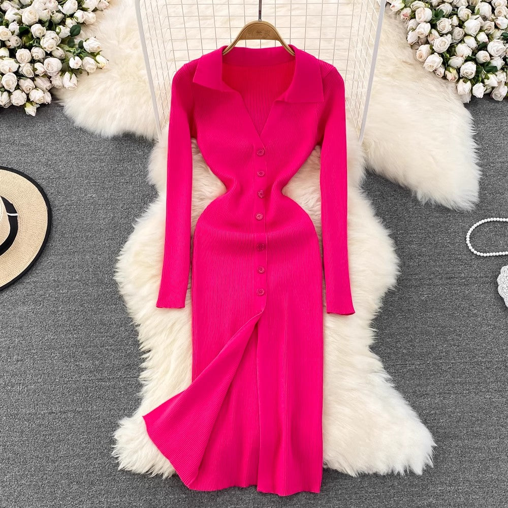 Polo Neck Long Sleeve Knitted Dress       S4163