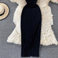 new gray round neck short-sleeved dress slit long skirt     S4253
