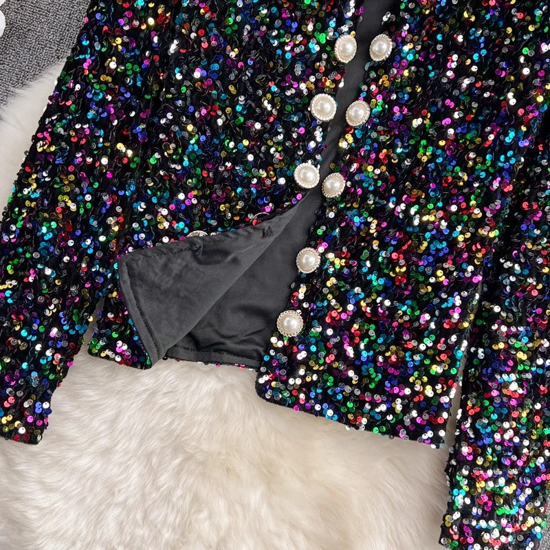 shiny sequins colorful long-sleeved cardigan suit short jacket women's clothing    S4205