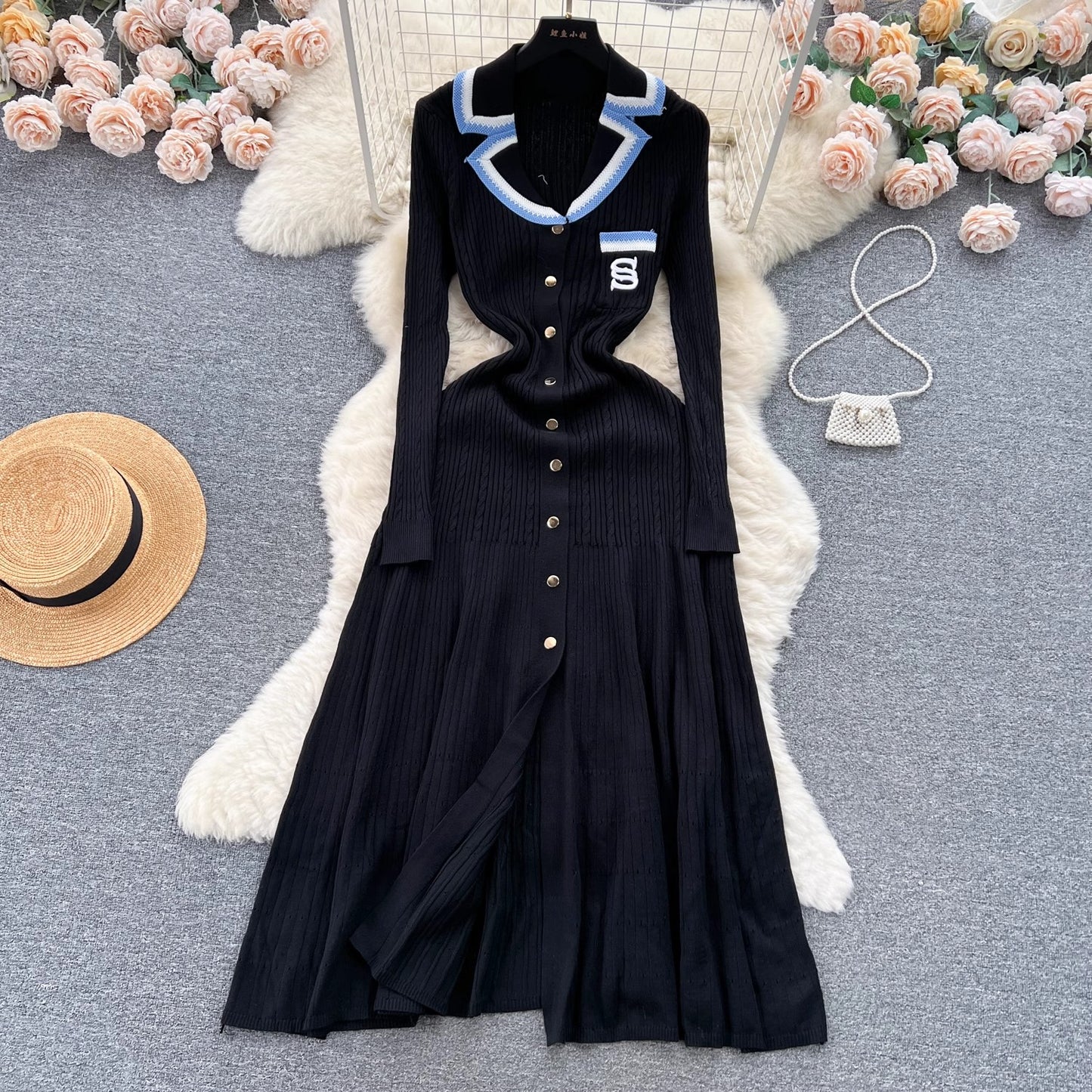 knitted dress women embroidered sweater long skirt     S4519