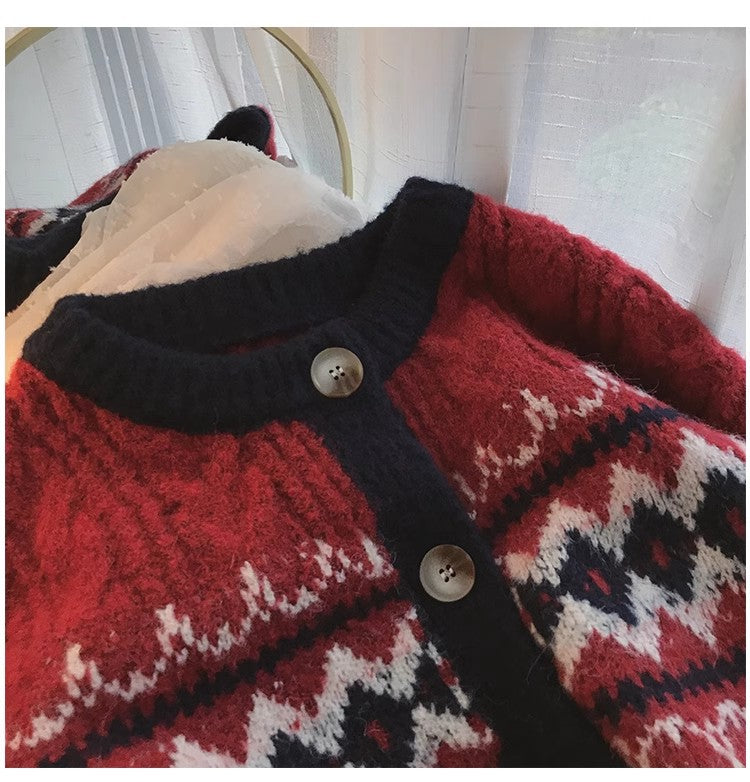 jacquard round neck knitted cardigan for women Christmas red sweater jacket      S4808