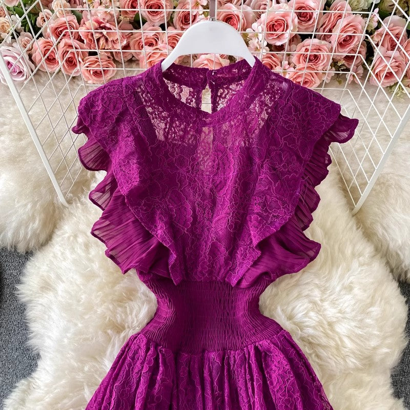 Lace Round Neck Dress, Long Sleeve Fashionable Elegant Ruffled Long Skirt      S3984