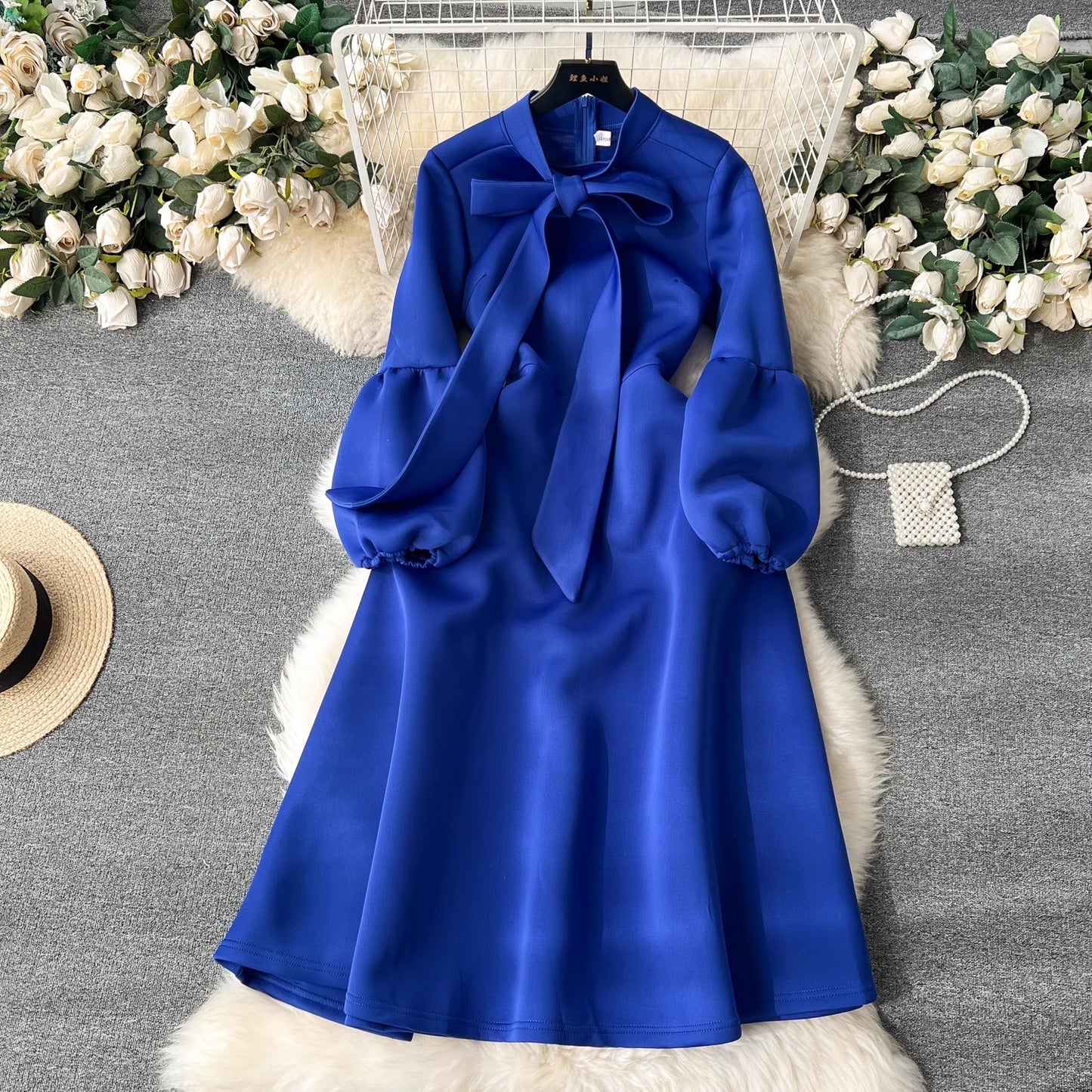 party dress women's fashion bow tie lantern long-sleeved dress    S4493