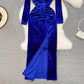 velvet dress v-neck long skirt     S4326