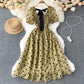 Vintage Square Neck Polka Dot Puff Sleeve Dress     S4458