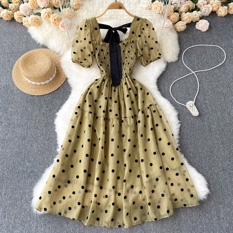 Vintage Square Neck Polka Dot Puff Sleeve Dress     S4458