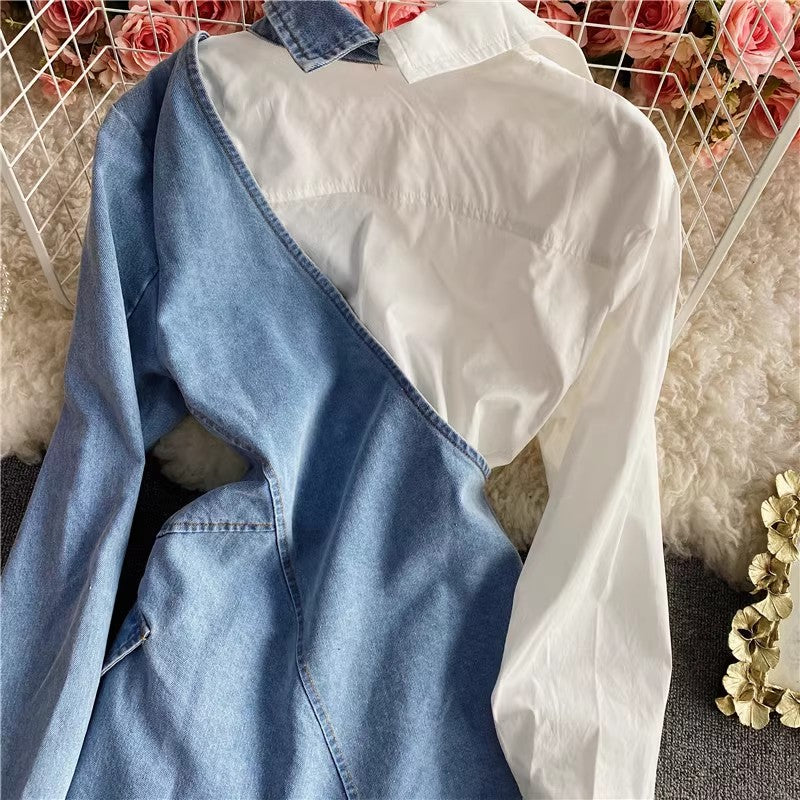 New Fashion Irregular Denim Long Sleeve Shirt Dress Polo Skirt     S4065