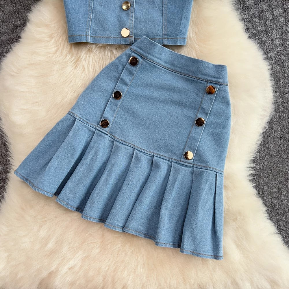 Fashion suit for women hot girl square neck puff short-sleeved denim shirt two-piece set       S4100