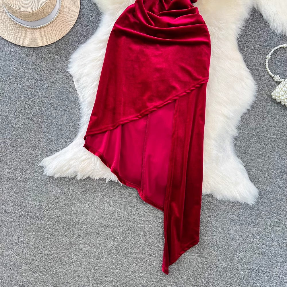 sexy slit velvet dress a-line irregular backless dress     S4304