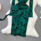 Fashionable long-sleeved V-neck mid-length A-line printed dress     S4114