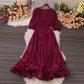 French retro pleated V-neck dress, summer puff sleeves skirt      S5039