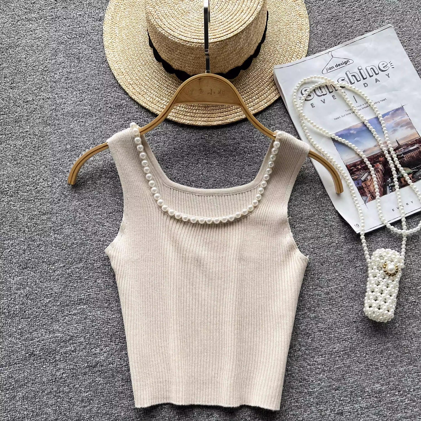 Square neck sleeveless beaded pleatedfor women knitted chic top     S4622