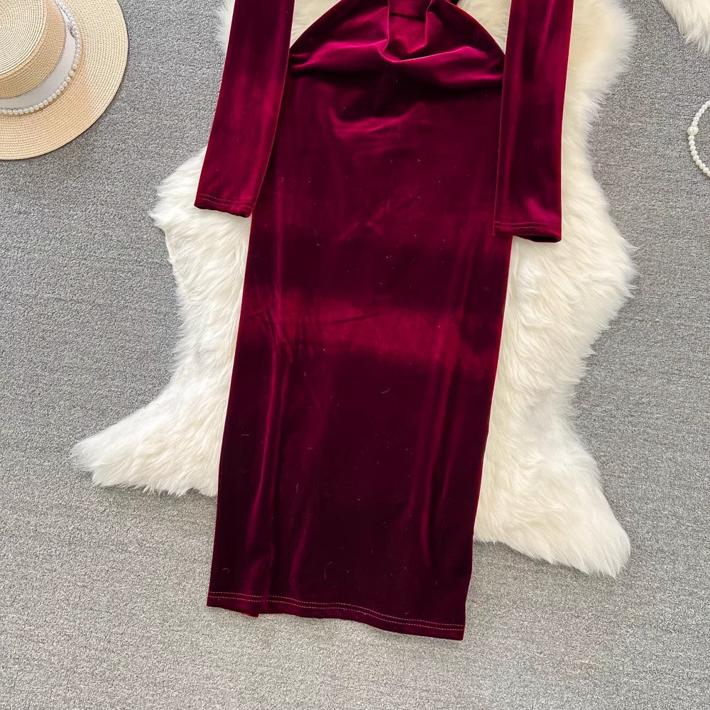 long-sleeved square neck mid-length velvet dress for women     S4265