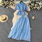 suit for women fashionable short-sleeved pleated skirt two-piece trendy set    S4655