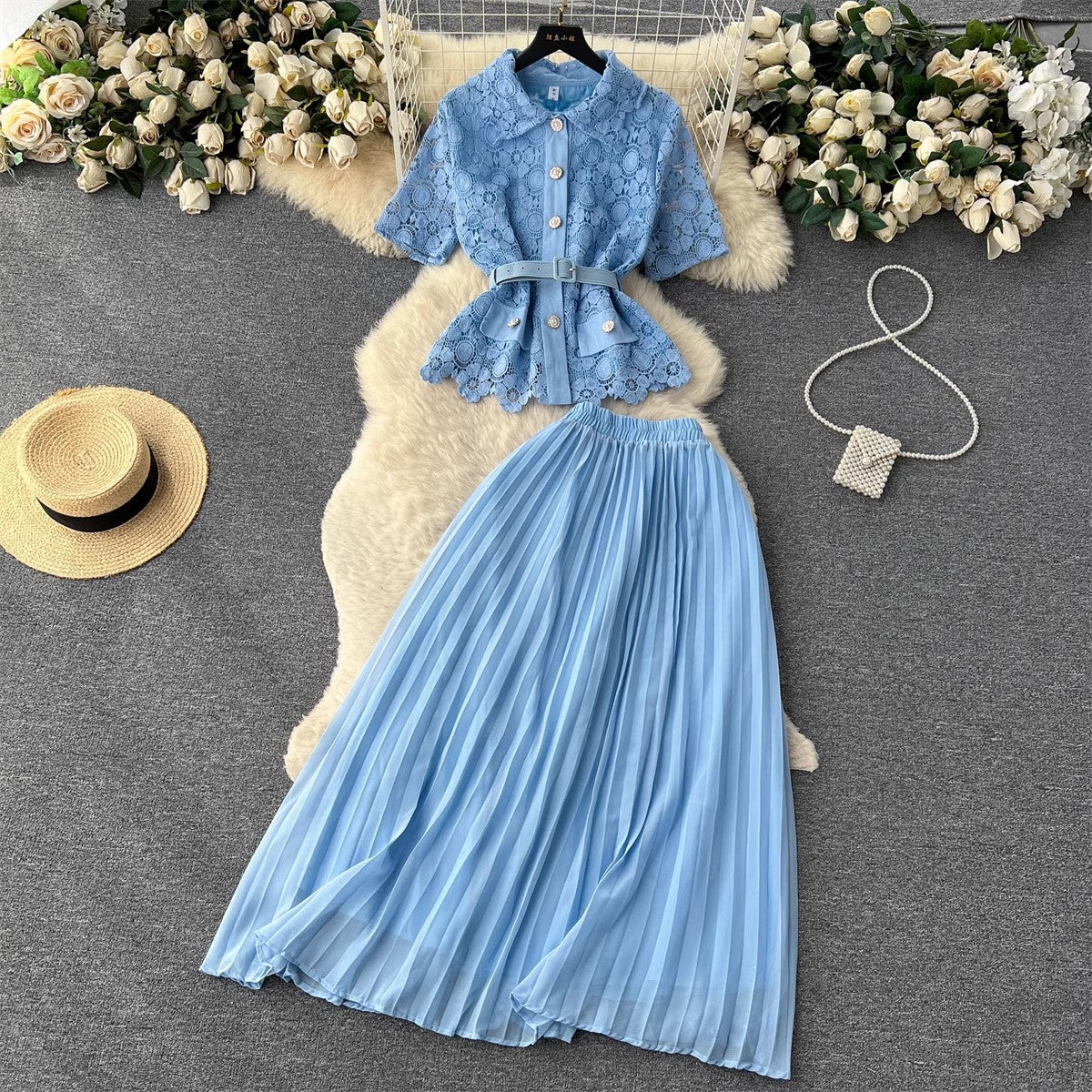 suit for women fashionable short-sleeved pleated skirt two-piece trendy set    S4655
