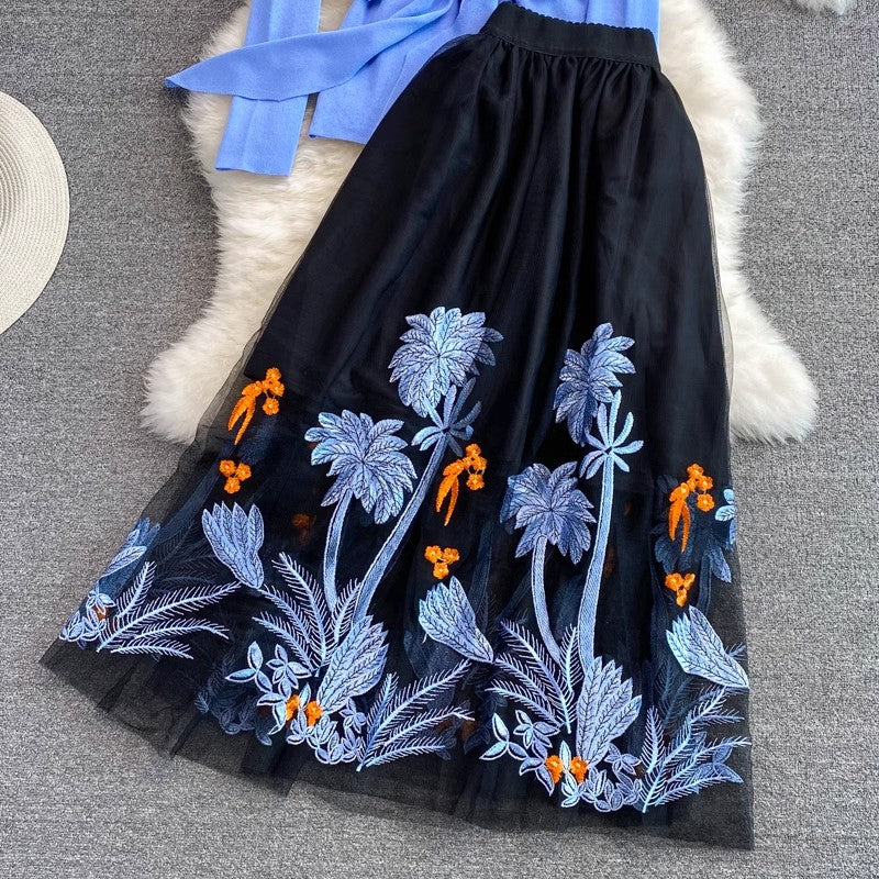 mid-length knee-length mesh embroidered skirt, two-piece suit sweater      S4017