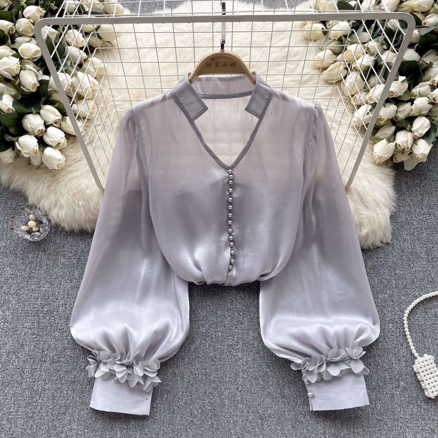 mesh shirt for women with ribbon long-sleeved design beautiful top trend     S4532