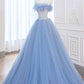 A-Line Blue Tulle Lace Long Prom Dress, Blue Tulle Lace Formal Dress      S4148