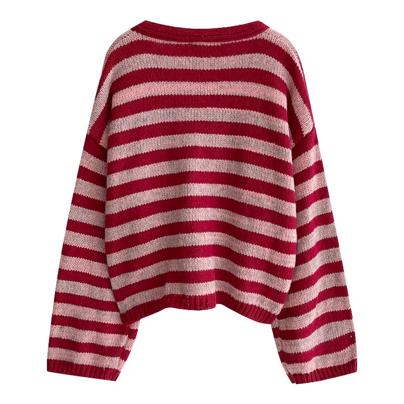 Sweet V-neck striped sweater coat long-sleeved knitted cardigan   S4769