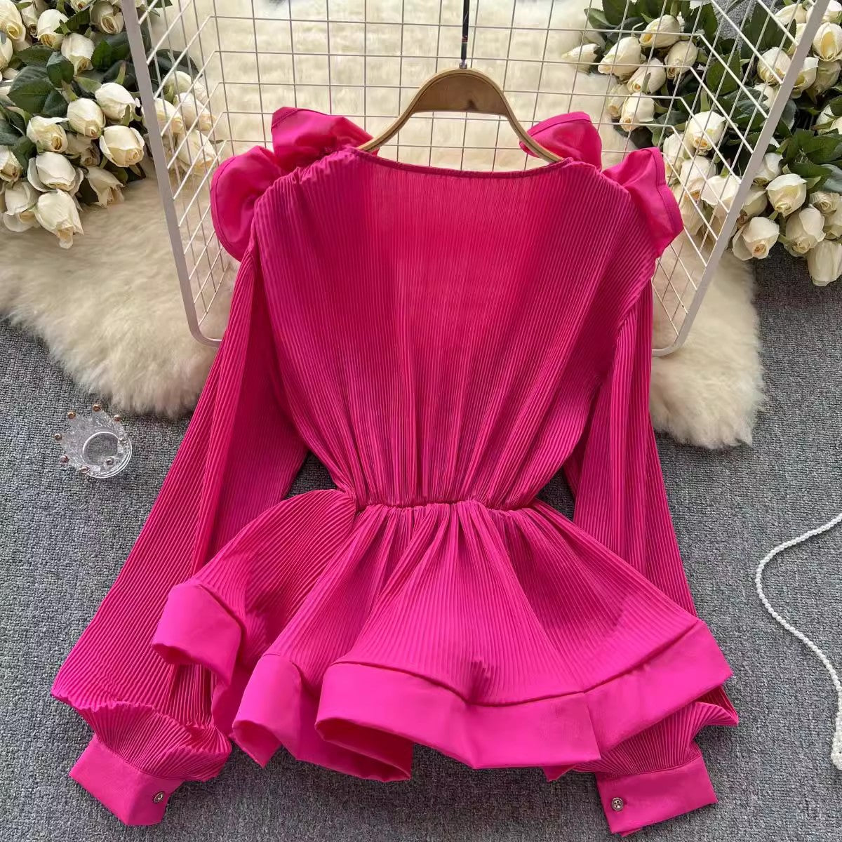 fashion new design ruffle pleated V-neck pullover shirt for women     S4612
