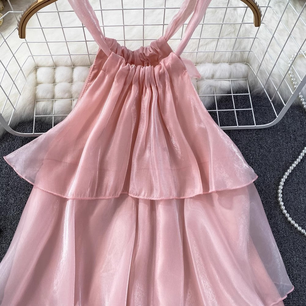 pink ruffled halterneck dress round neck a-line short skirt     S4418