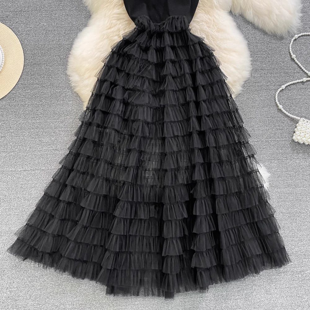 Stylish bow long suspender skirt A-line mesh cake dress     S4279