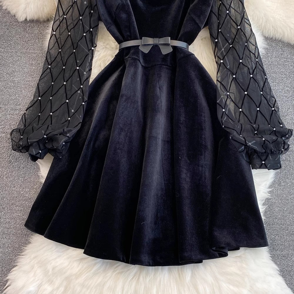 square neck mesh sleeves A-line velvet dress     S4359